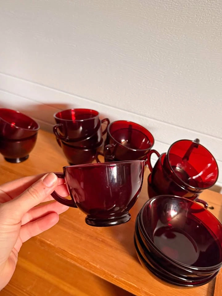 Vintage Ruby Red Glassware Set - 12 Cups & 7 Bowls