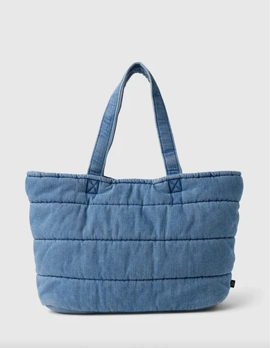GAP Denim Quilted Puffer Tote Bag Soft Blue Magnetic Snap Closur