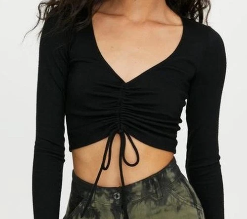 Aritzia Wilfred Lynx Longsleeve XS Ruched Cropped Y2K V-Neck