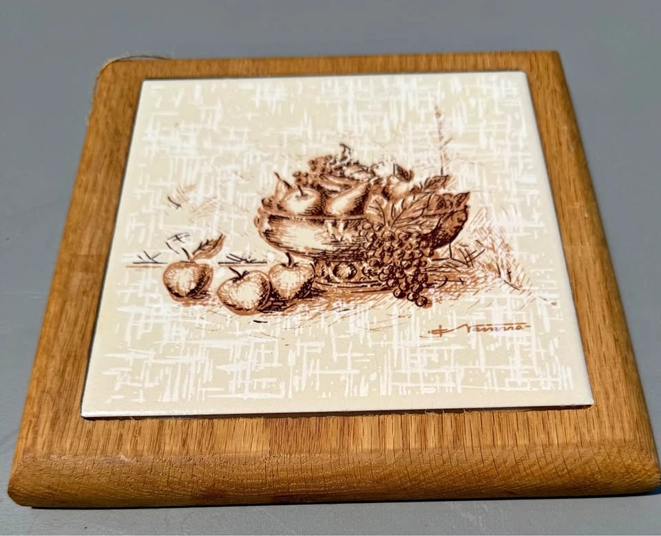Vintage Wood Frame Tile Trivet Fruit Design