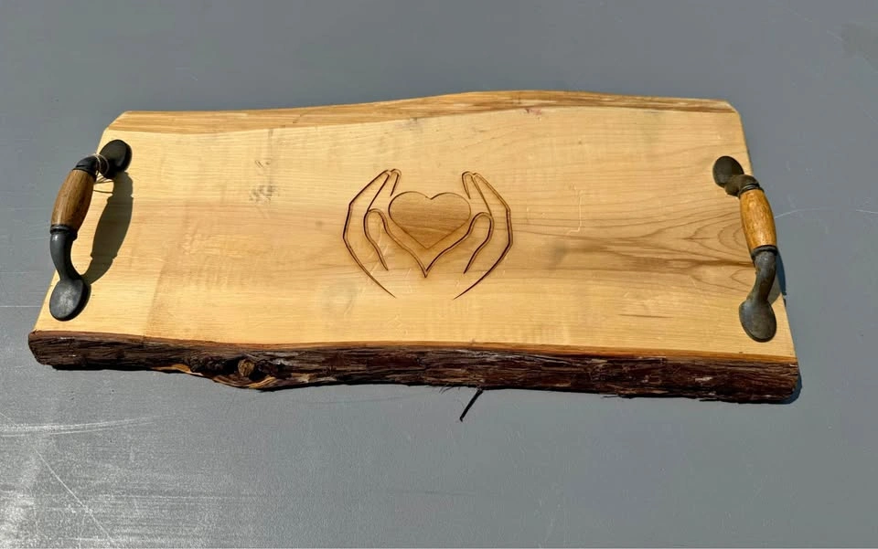 Live Edge Wood Serving Tray w/ Heart Design & Handles