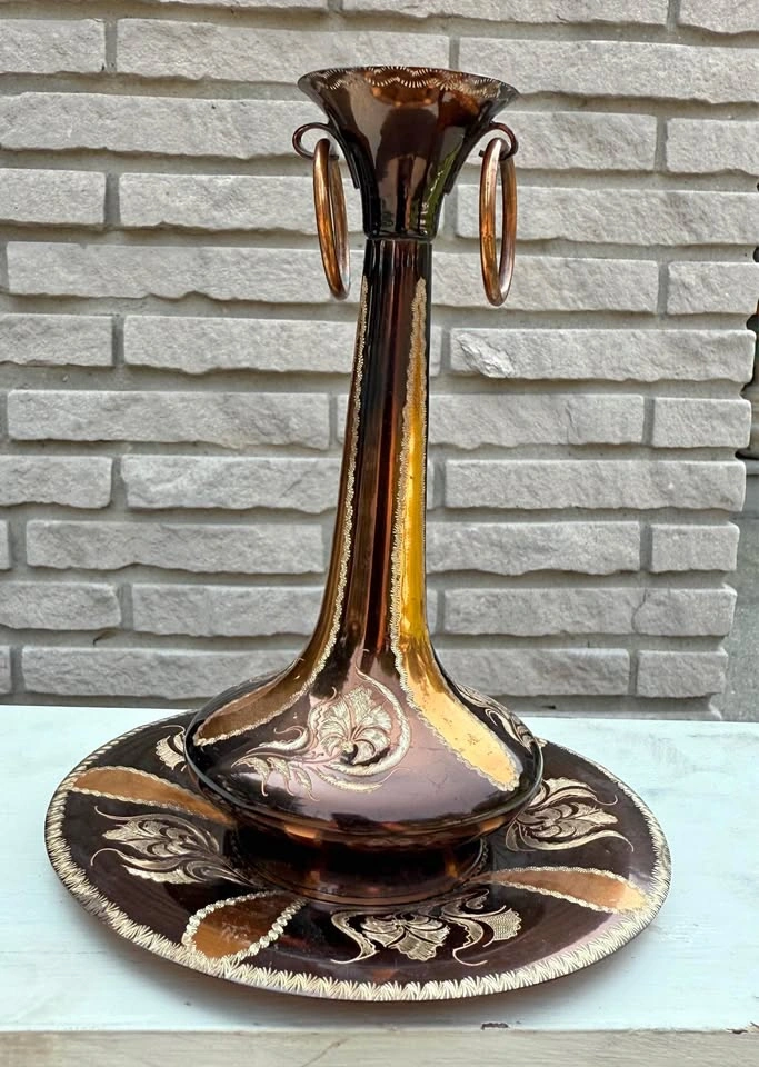 Decorative Copper Tone Vase and Plate Set