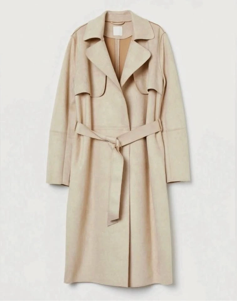 Oversized Faux Suede Trench Coat - Cream/Light Beige Size M/L/XL