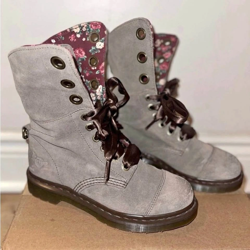 Dr Martens 1914 Triumph Grey/Taupe Floral Suede Boots Size 38
