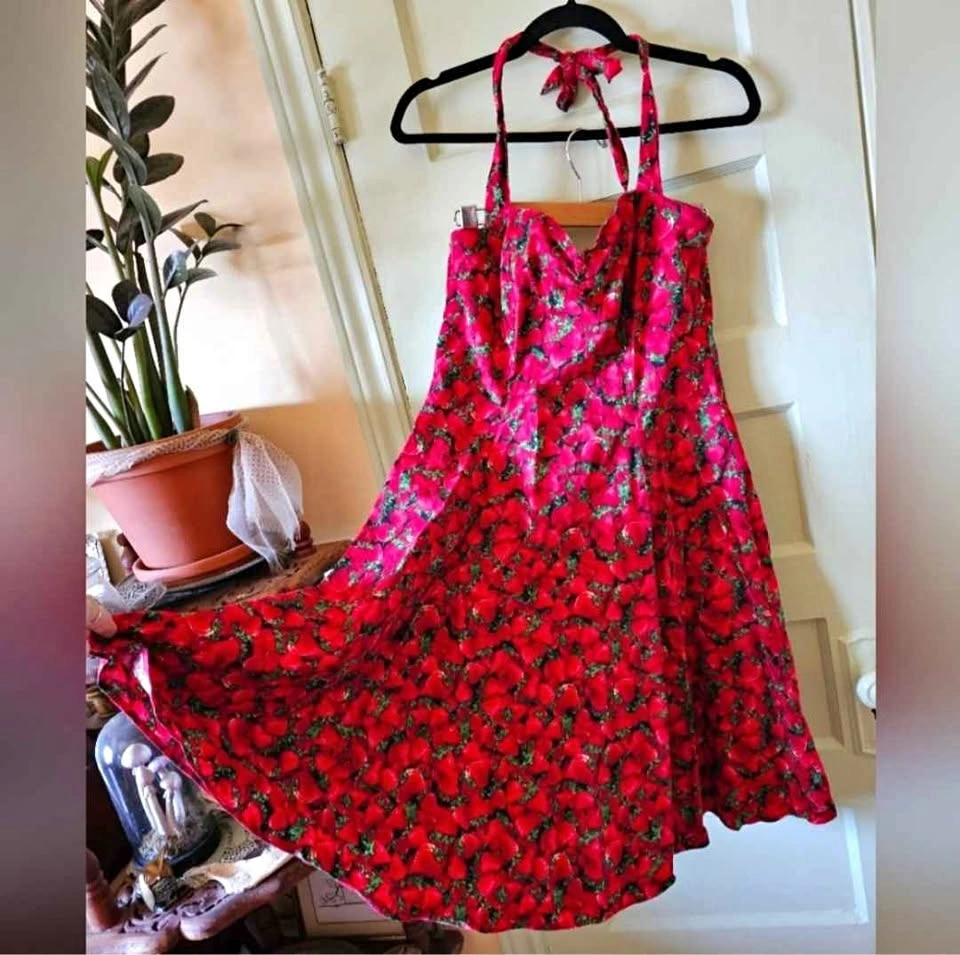 Heart of Haute Strawberry Print Halter Swing Dress - Size L