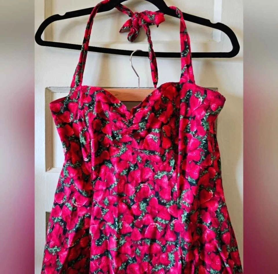 Heart of Haute Strawberry Print Halter Swing Dress - Size L - photo 2