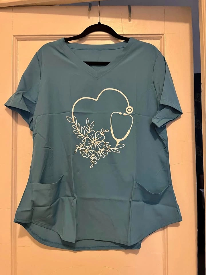 Set of 2 Floral Stethoscope Scrub Tops - V-Neck Graphic Medical