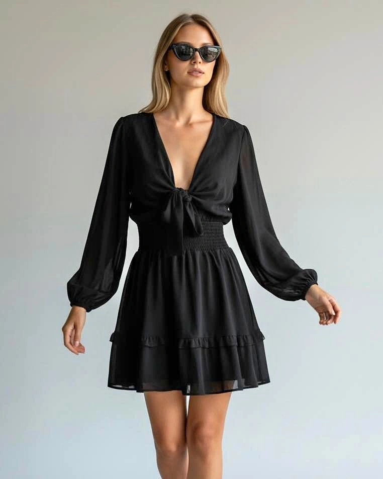 Vici Black Tie Front Smocked Waist Ruffle Mini Dress - Large