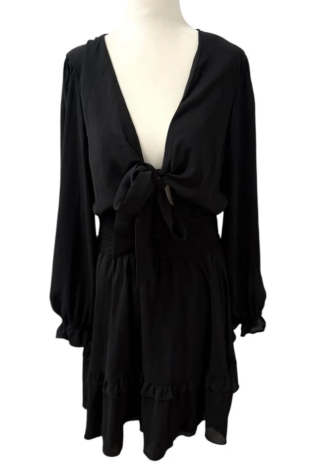 Vici Black Tie Front Smocked Waist Ruffle Mini Dress - Large - photo 2