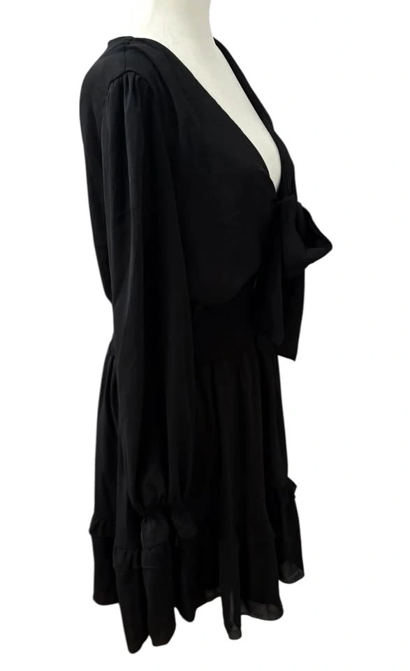 Vici Black Tie Front Smocked Waist Ruffle Mini Dress - Large - photo 3