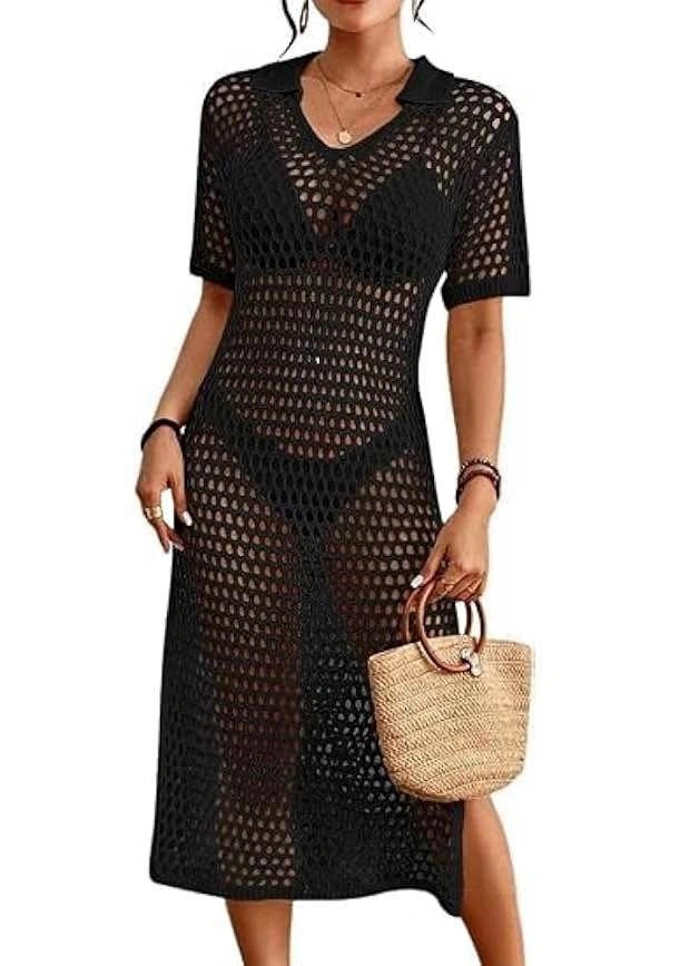 NEW Black Crochet Knit Swim Cover Up Dress Midi