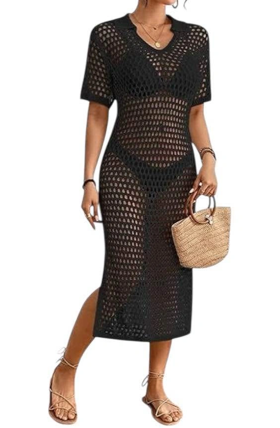 NEW Black Crochet Knit Swim Cover Up Dress Midi - photo 2