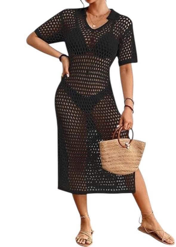 NEW Black Crochet Knit Swim Cover Up Dress Midi - photo 3