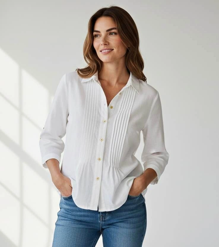 Traditions Linen Blend Size 10P Button Down Pintuck 3/4 Sleeve S