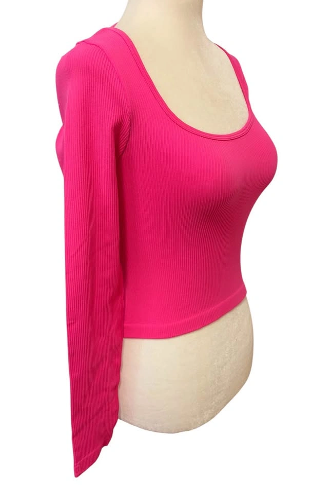 NEW Ribbed Long Sleeve Small Scoop Neck Crop Top Pink Barbiecore - photo 3