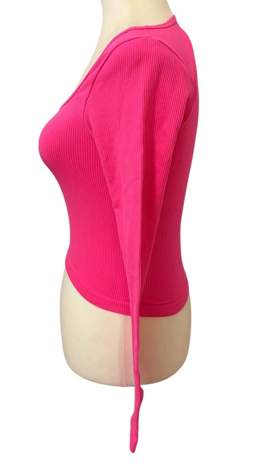 NEW Ribbed Long Sleeve Small Scoop Neck Crop Top Pink Barbiecore - photo 4