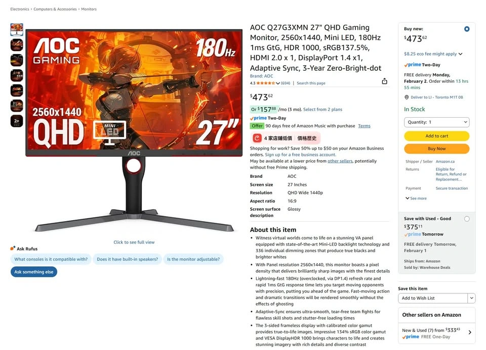 (Moving Sale) AOC Q27G3XMN 27" Mini-LED Monitor | HDR1000 - photo 3
