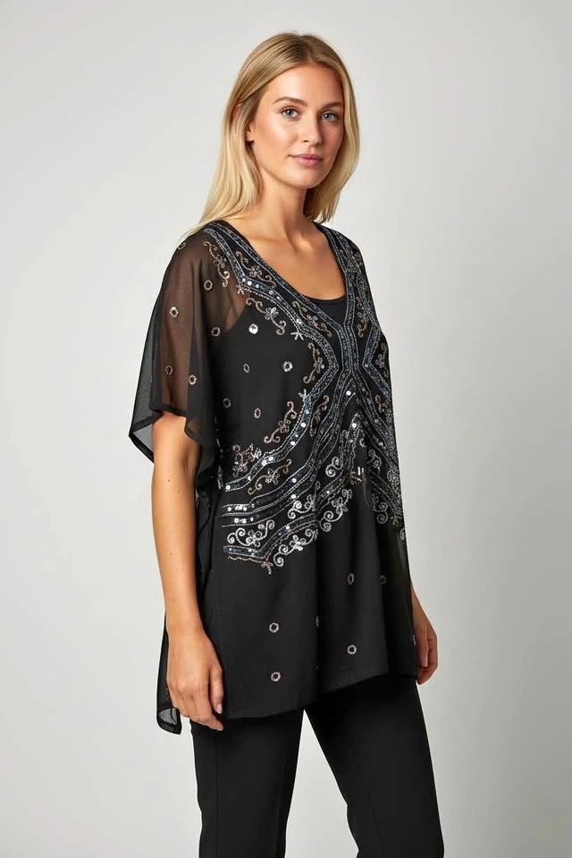 MXM Black Plus Size 2X Embellished Sheer Kaftan Tunic Top