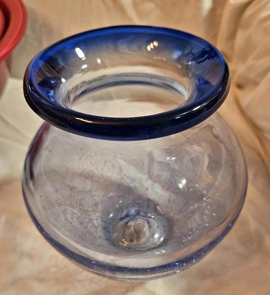 Vintage Crackle Handblown Vase with Cobalt Blue Rim
