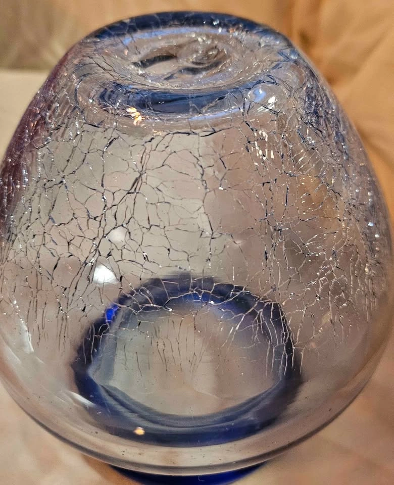 Vintage Crackle Handblown Vase with Cobalt Blue Rim - photo 3