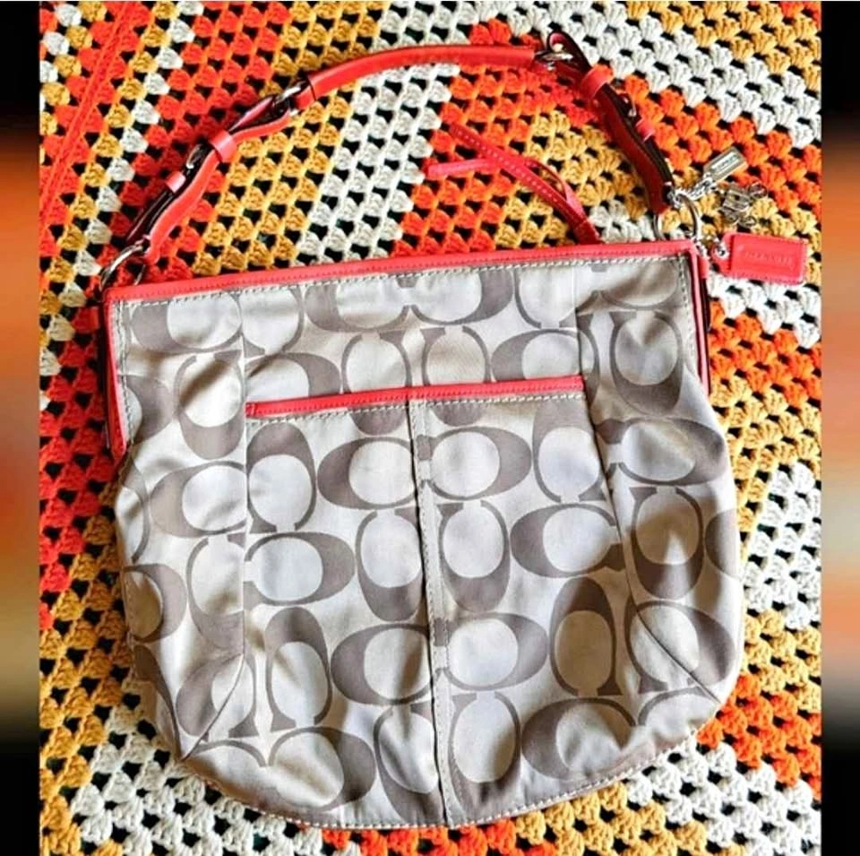 Coach Coral Pink Orange Signature Tote Tan Brown Jacquard Should