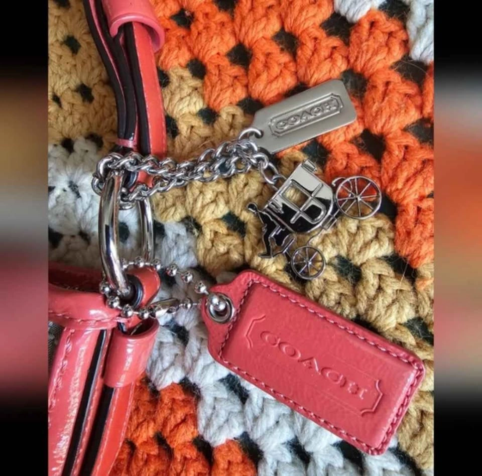 Coach Coral Pink Orange Signature Tote Tan Brown Jacquard Should - photo 2