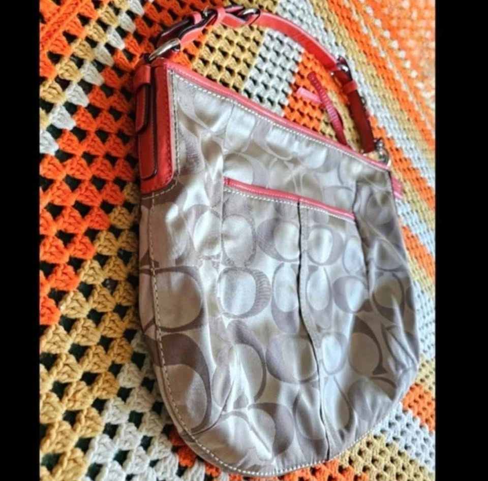 Coach Coral Pink Orange Signature Tote Tan Brown Jacquard Should - photo 3