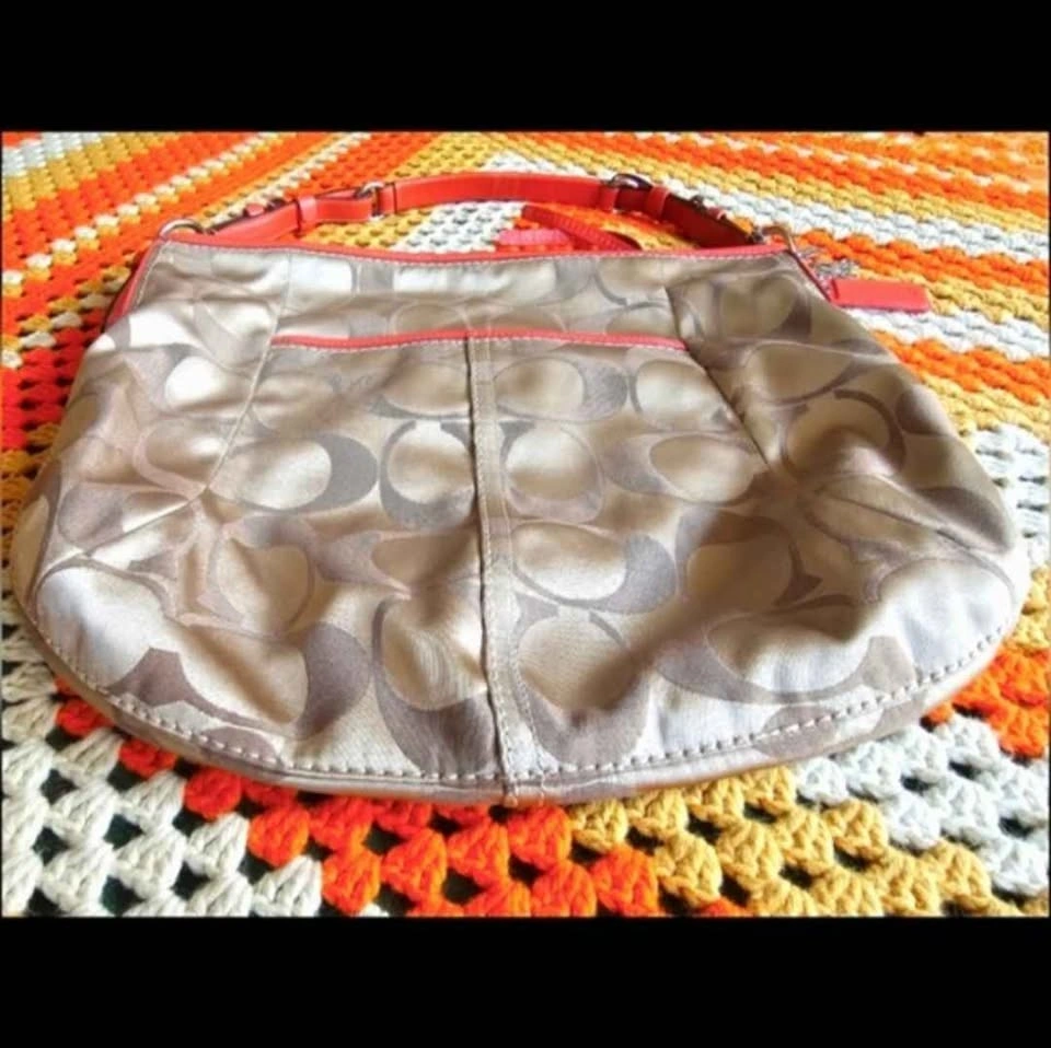 Coach Coral Pink Orange Signature Tote Tan Brown Jacquard Should - photo 4