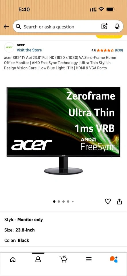 Acer SB241Y Abi 23.8" Full HD VA Monitor