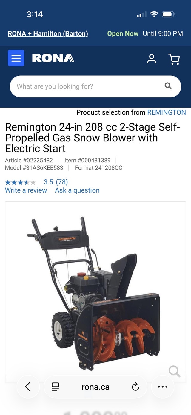 Remington 24” 208cc 2 Stage Snowblower