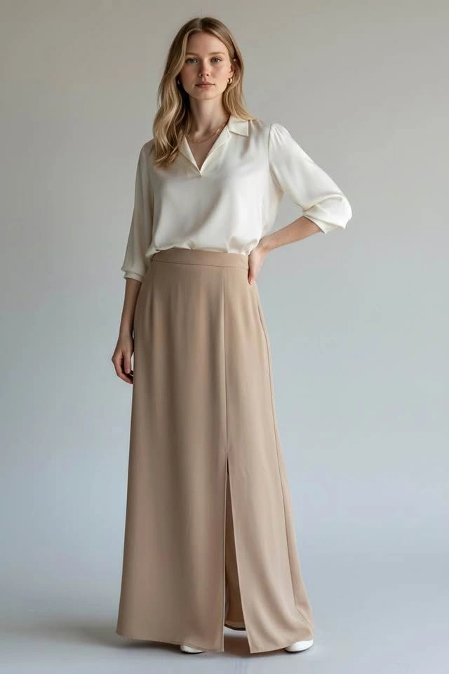 Vintage Carwash Multi Slit Maxi Skirt Beige Tan Size 12 Made in
