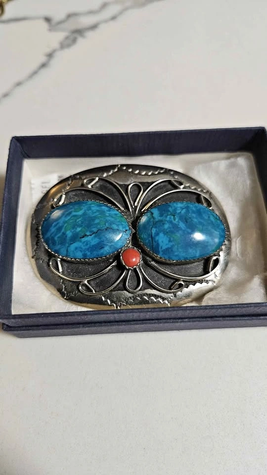 Squaw Wrap Turquoise Silver Coral Belt Buckle