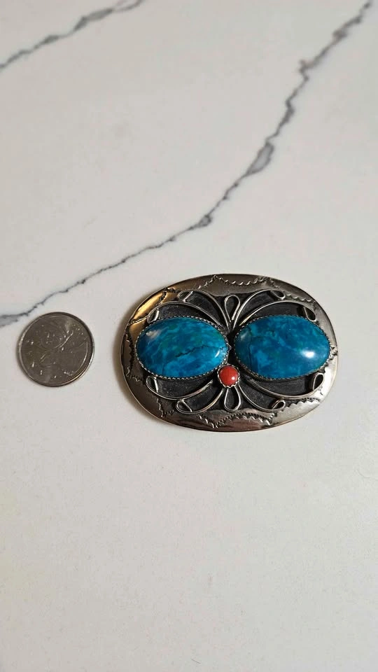 Squaw Wrap Turquoise Silver Coral Belt Buckle - photo 2