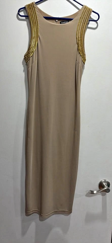 Bebe Beige Gold Chain Dress S/P
