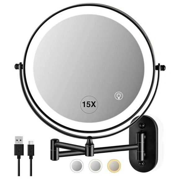 Mirror with Lights 1x/15x Rechargeable 8.5in Wall Mounted Makeup