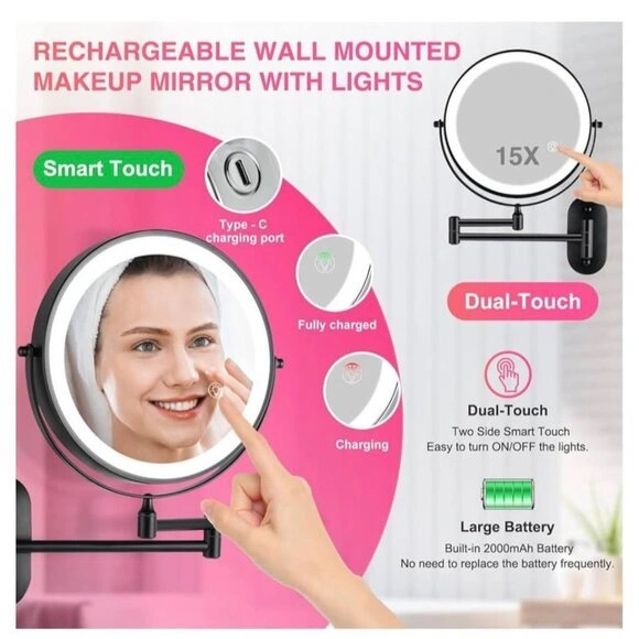 Mirror with Lights 1x/15x Rechargeable 8.5in Wall Mounted Makeup - photo 4
