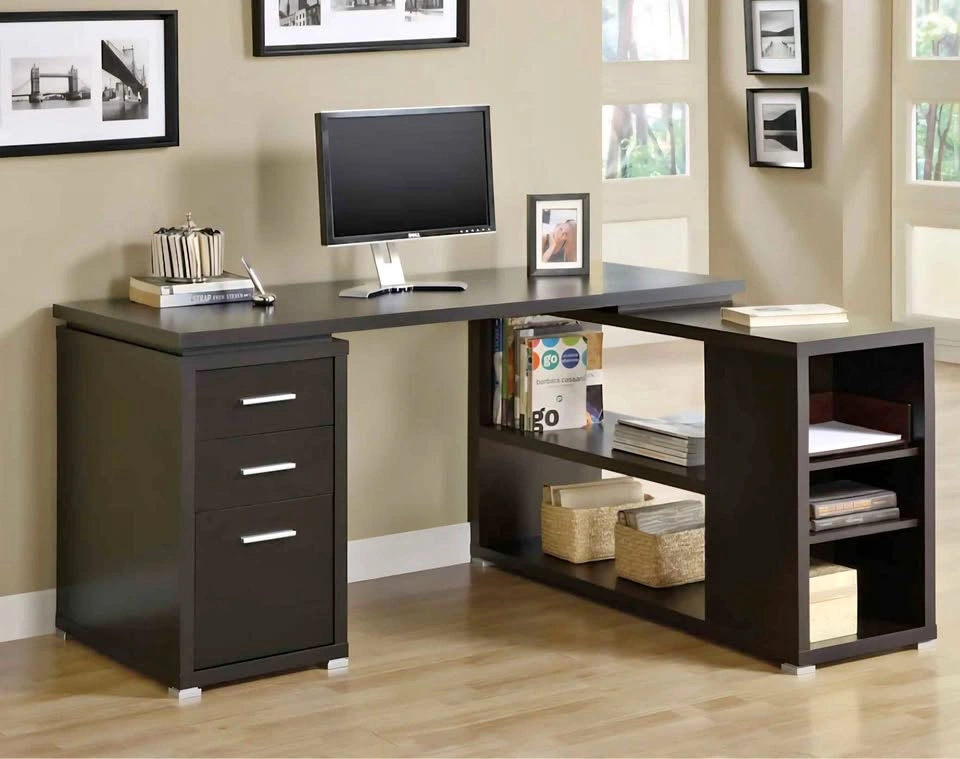 Monarch Espresso L-Shaped Computer Desk w/ Drawers & Shelves