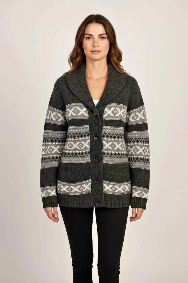 SANSARA Fair Isle Cardigan Size Medium‎ Button Front Grey Grandm