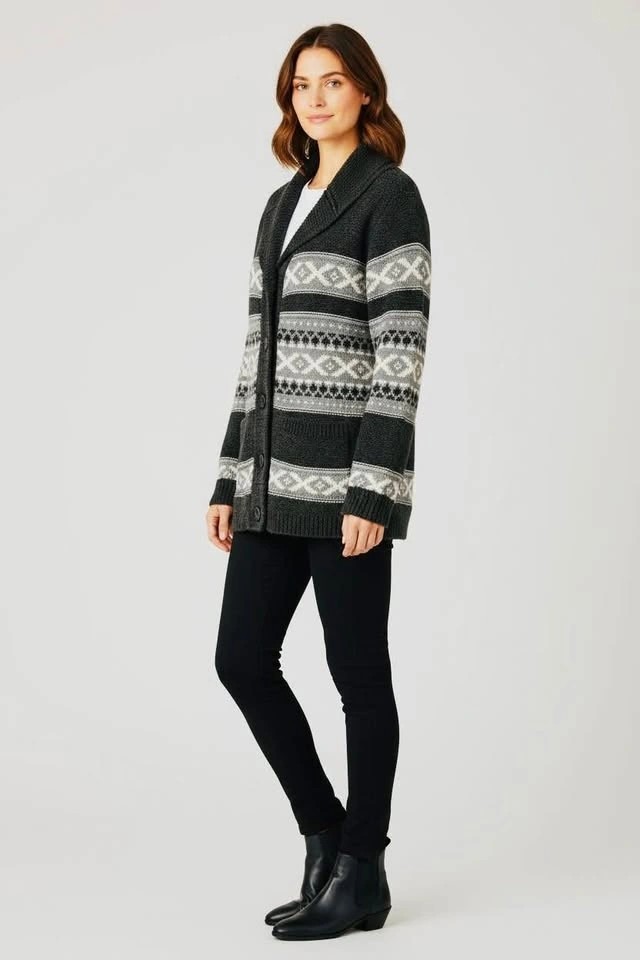 SANSARA Fair Isle Cardigan Size Medium‎ Button Front Grey Grandm - photo 2