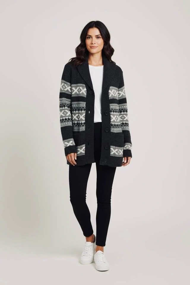 SANSARA Fair Isle Cardigan Size Medium‎ Button Front Grey Grandm - photo 3