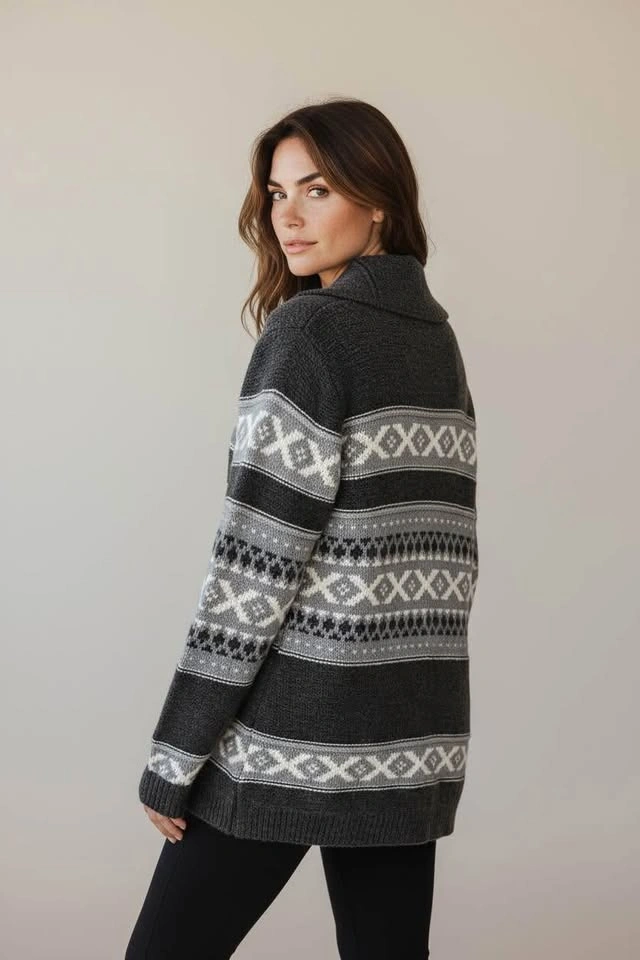 SANSARA Fair Isle Cardigan Size Medium‎ Button Front Grey Grandm - photo 4