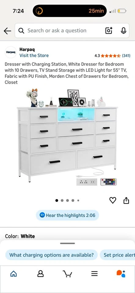 New White Dresser with Outlet and Lights