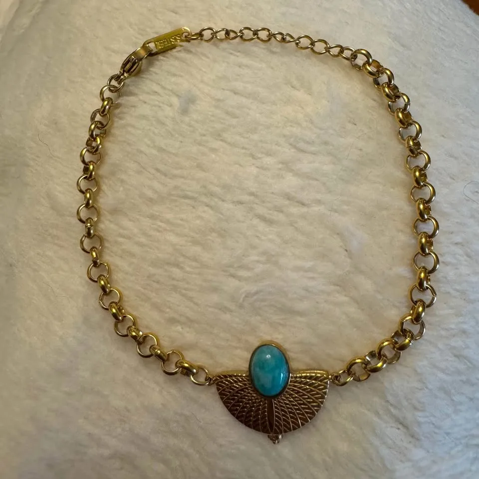 NEW 🧡 Egyptian Revival Turquoise Cabochon Gold Bracelet image indicator(5)