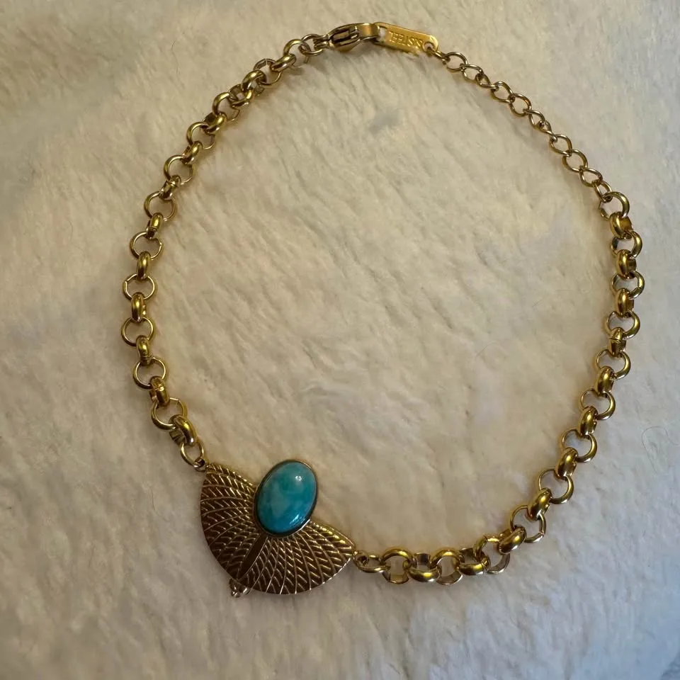 NEW 🧡 Egyptian Revival Turquoise Cabochon Gold Bracelet image indicator(7)