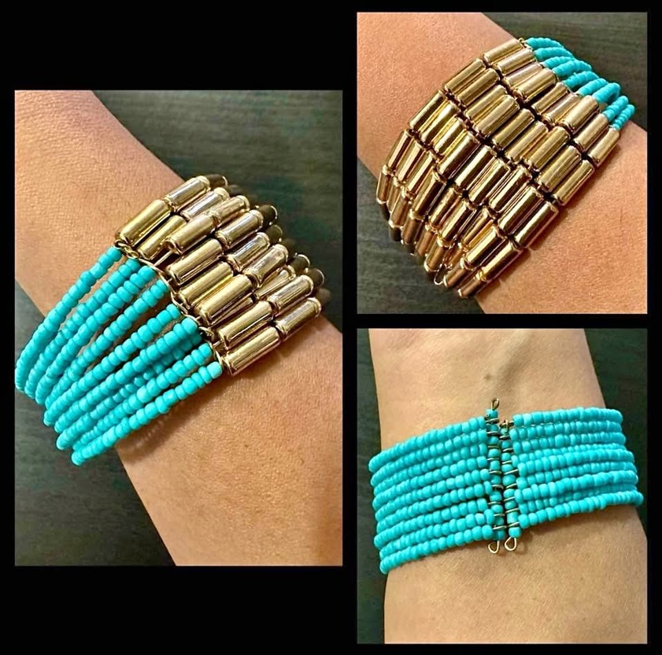 Mermaidcore Blue Gold Beaded Cuff Bracelet