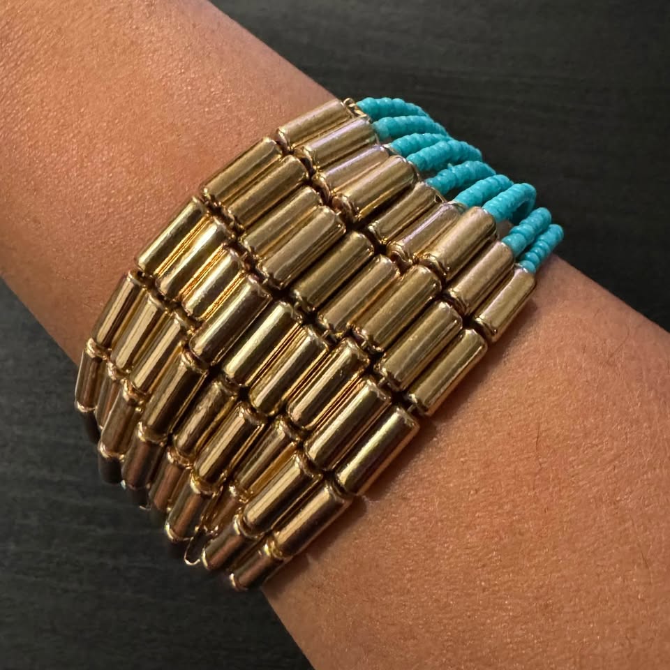 Mermaidcore Blue Gold Beaded Cuff Bracelet - photo 2