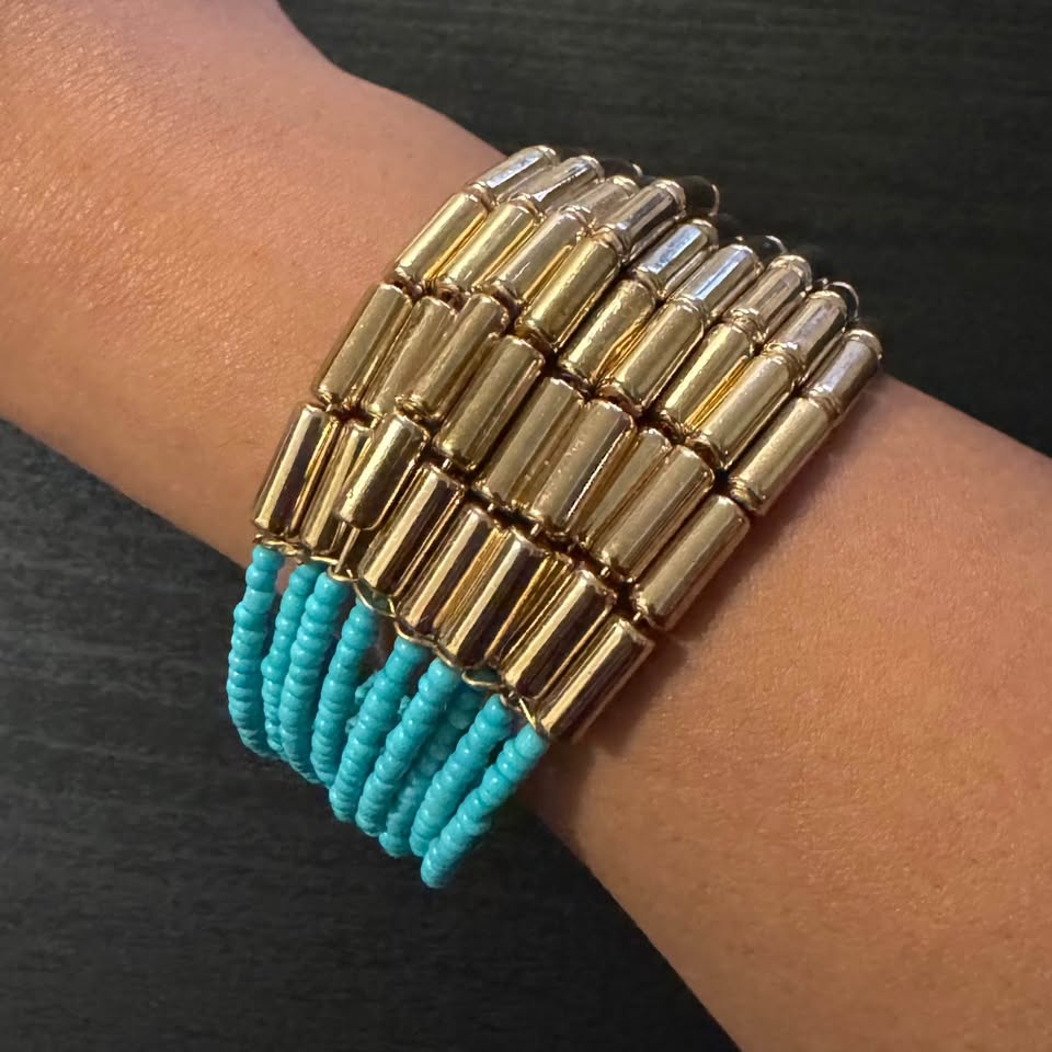 Mermaidcore Blue Gold Beaded Cuff Bracelet - photo 3