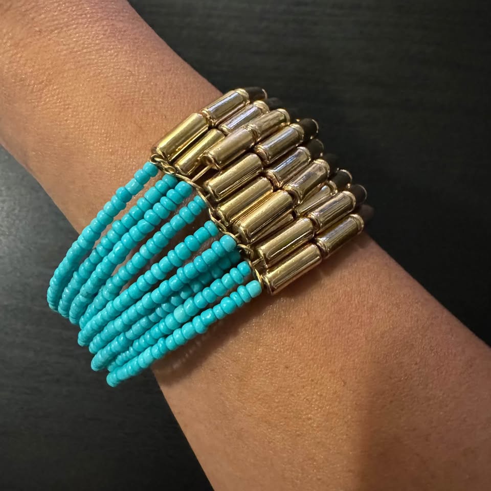 Mermaidcore Blue Gold Beaded Cuff Bracelet - photo 4