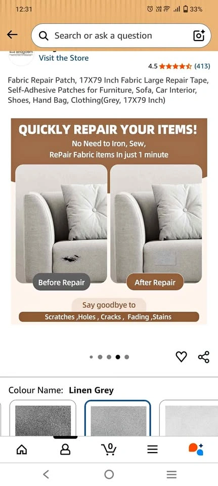 Fabric repair patch for furniture