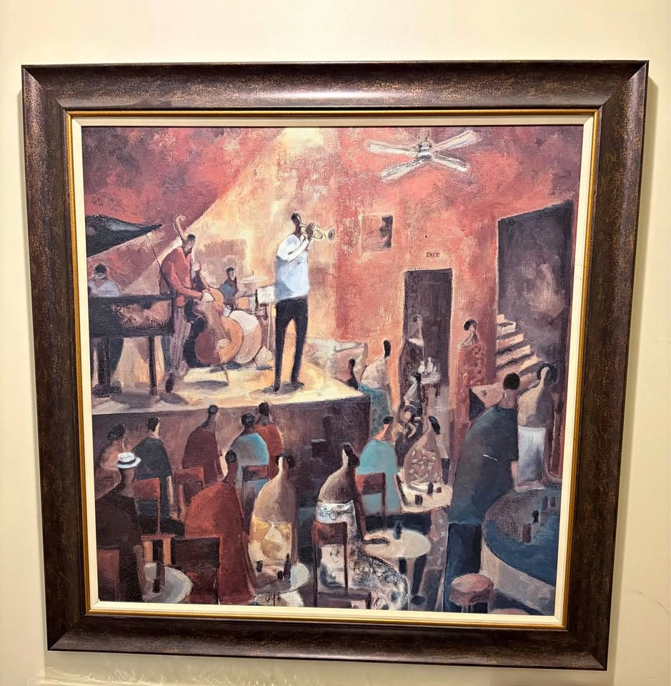Large Framed Jazz Club Painting – Warm Tones, 36" x 36"